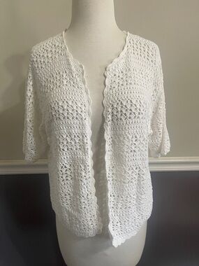 Teddi White Crochet Open-Front Cardigan
